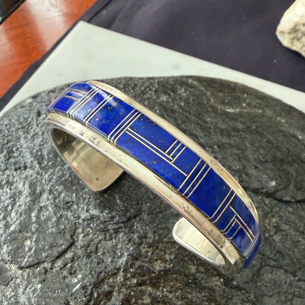 Vintage Navajo Native American Inlay Lapis Bracelet by Wilbur Yazzie - Picture 10 of 14